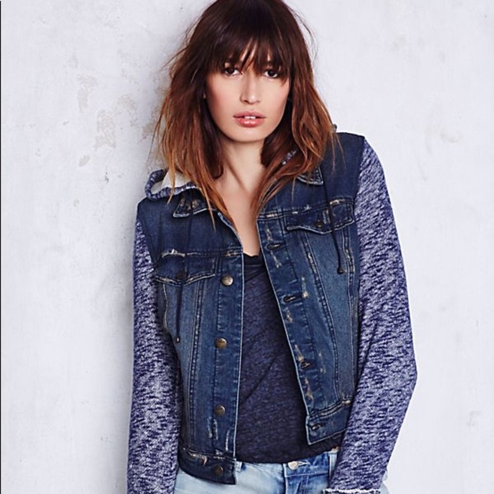Free People Knit Hooded Denim Jacket - X-Small